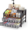 Homsorout Coffee Bar Organizer - Coffee Station for Countertop, Metal and Wood K Cup holder Storage Basket for Coffee Pods, Syrup, Cups, Stirrer, Coffee Condiment, Tea Organizer, Black and Brown