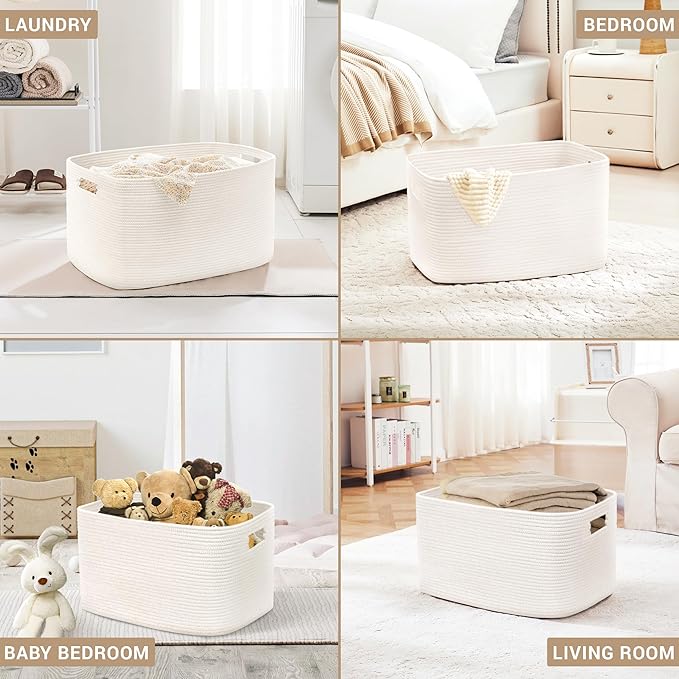 72L Large Baby Girls Laundry Basket for Nursery Storage,Cute Woven cotton Rope Baskets for Kids Toy，Gifts,Boho Square Wicker Blanket hamper for Living Room,Bedroom Dirty Clothes, White