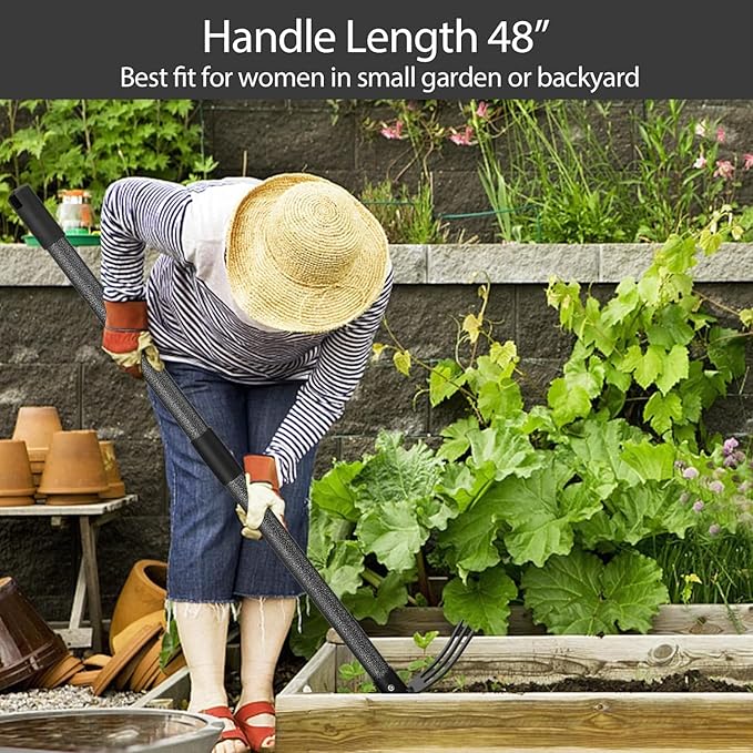 Hoe and Cultivator Gardening Hand Tools, Heavy Duty Stainless Steel Garden Hoe and 3 Fork Hand Tiller for Gardening Weeding Planting with Adjustable Handle 30-45 inch