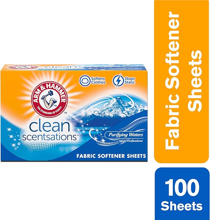 ARM & HAMMER Fabric Softener Sheets, Purifying Waters, 100 sheets (Pack of 2)