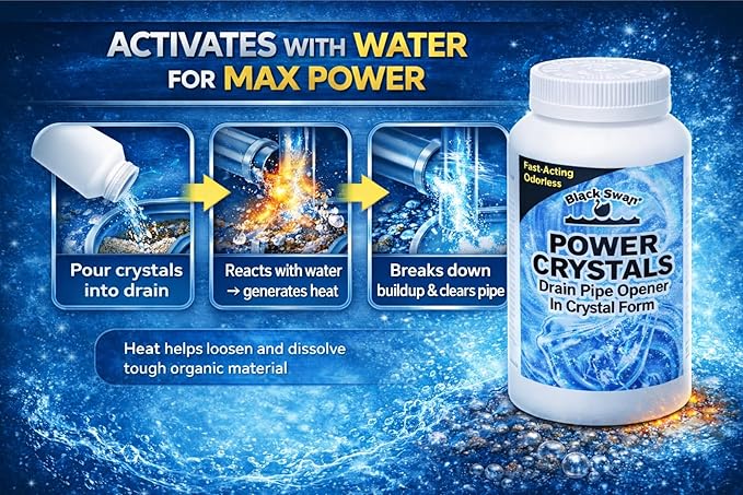 Black Swan 09175 Power Crystals Drain Opener, 1 lb (16 oz) - Heavy Duty Crystal Formula for Cleaning Clogged Drain Pipes Due to Grease, Food Scraps - Safe for Plumbing & Septic Systems