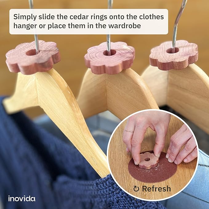 Inovida 30 American Cedar Wood Rings – Stop Clothes Damage - Wardrobe Freshener – Premium American Cedarwood Flowers for Fresh Scent in Drawers and Closets - Cedar Clothes Hangers