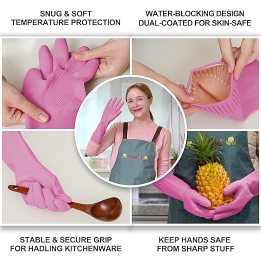 Mamison 2 Pairs Reusable Waterproof Household Dishwashing Cleaning Rubber Gloves, Non-Slip Kitchen Glove (Pink, XL (Pack of 3))
