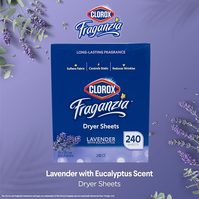 Clorox Fraganzia Fabric Softener Dryer Sheets, Wrinkle Reducing and Anti Static Laundry Dryer Sheets for Great Smelling Clothes, Softens Fabrics, Lavender with Eucalyptus Scent, 240 Count