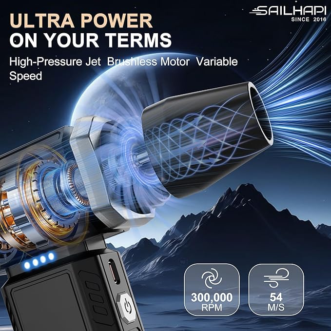 Powerful Air Duster 300000RPM, Handheld Office Duster Blower Replaced Can of Air, Rechargeable Durable Small Blower for PC Gamers, Barber, Laptop & Snow Removal, Birthday Gifts for Dad