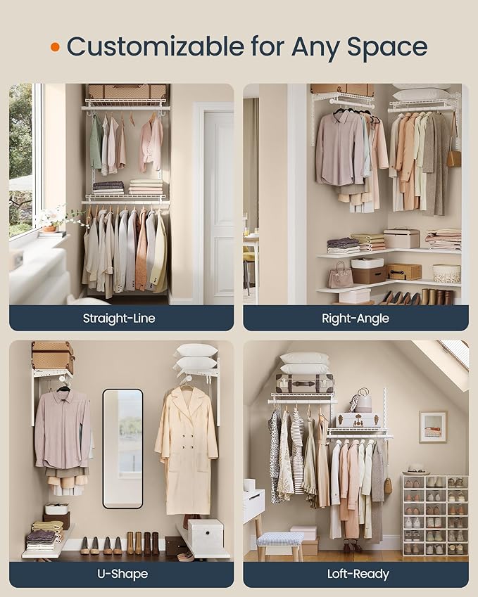 SONGMICS HOME Closet System, Closet Insert Organizer, 2 ft, Adjustable Metal Shelving Unit with 2 Hanging Rods, 2 Shelves, and Hooks, for Pantry Mudroom Garage Basement, Cloud White URGR030W01