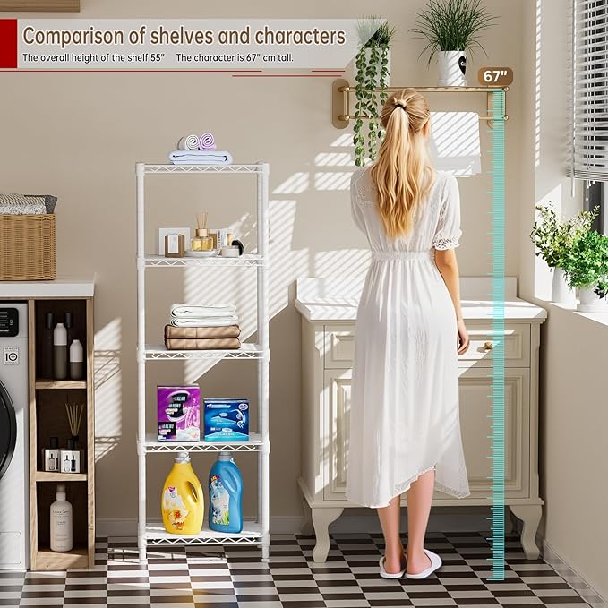 Golpart Small 5 tire Shelves Storage Wire Shelving Unit Metal Shelf Adjustable Organizers Storage Shelving for Bathroom Laundry Room Kitchen Pantry10”D x 16”W x 55”H White