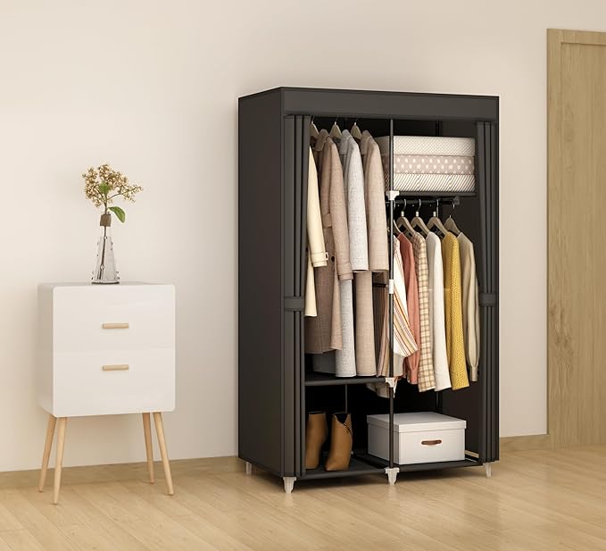 MOGELAFOO Portable Closet Wardrobe for Small Room, 35-Inch Clothing Organizer Storage Rack with 2 Clothes Hanging Rods and 4 Shelves, Non-Woven Fabric Cover, Black