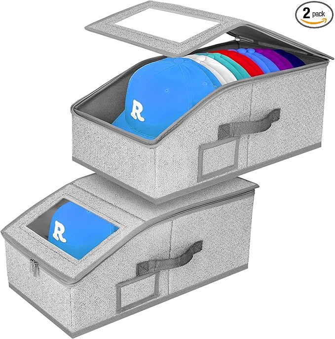 Hat Storage for Baseball Caps,2 PCS Stackable Hat Storage Boxes holds up to 24 Caps Hat Organizer for Closet, Sturdy Snapback Hat Boxes for Women&Men with Clear Window for Closet, Grey
