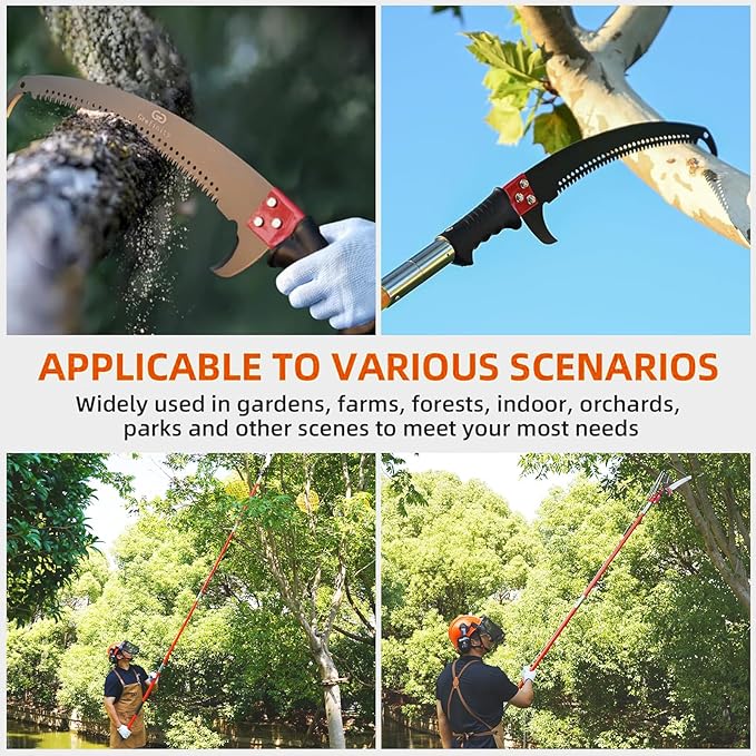 Manual Pole Saw for Tree Trimming, 27 FT Manual tree purner with 8-Section Fiberglass Handle, Sharp steel Blade, Easy to Carry and Extendable Design for Tree Maintenance, Orange