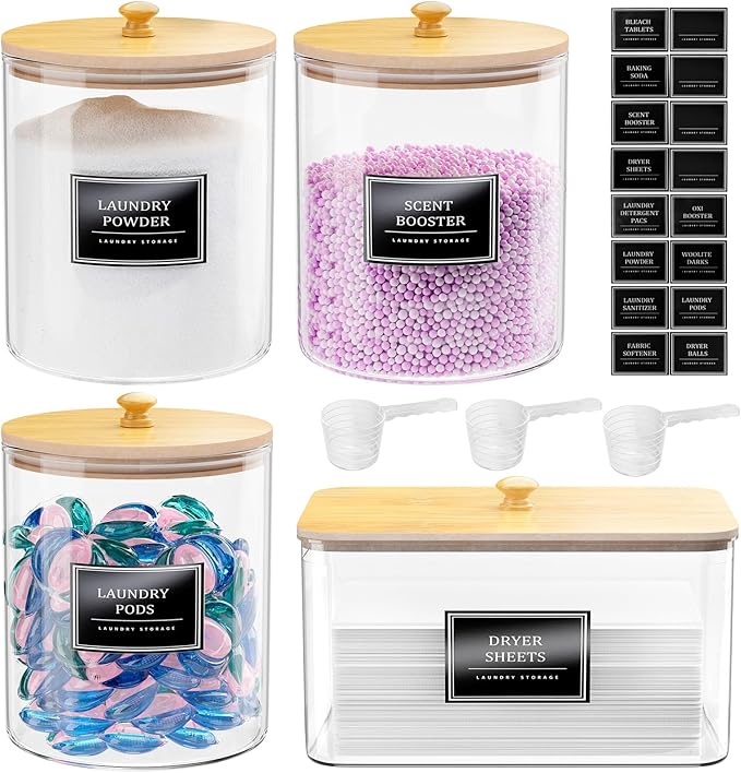 3+1 Pack Glass Laundry Pods Container & Acrylic Dryer Sheet Holder, Clear Laundry Room Organization Containers with Bamboo Lids & Labels, Powder Laundry Detergent Container for Scent Booster, Powder