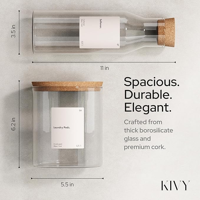 KIVY Glass Detergent Dispenser Container Set of 4 [INCL Labels] Large Glass jars for Laundry Room Organization Decor - Laundry soap dispenser for liquid detergent dispenser - Fabric softener dispenser