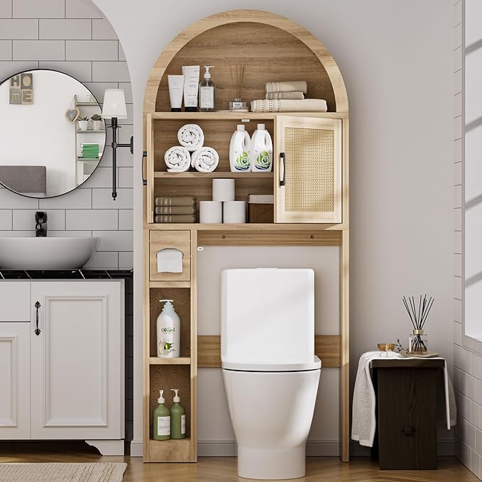 Spurgehom Over The Toilet Storage Cabinet, Bathroom Shelf Organizer Freestanding, Bathroom Arch Cabinet Over Toilet with Toilet Paper Holder and Anti-Tipping Device (Wood & Wicker Door)
