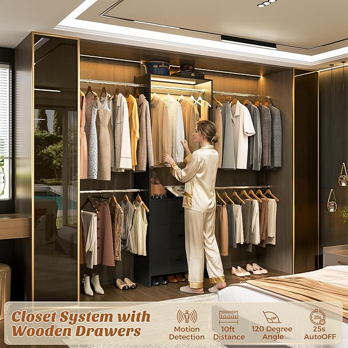 Aheaplus Closet System with Motion-Sensing Light, 3 Wooden Drawers and 4 Hanging Rods, Customizable Walk-in Closet Organizer with 3CCT LED, Heavy Duty Garment Rack for Bedroom,Black