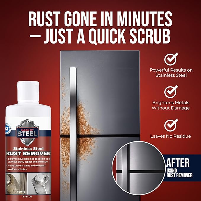 CLEAN MY STEEL 8.5 oz Stainless Steel Rust Remover – NSF Approved Non-Toxic Fast-Acting Rust Stain Remover for Appliances, Sinks & Grills
