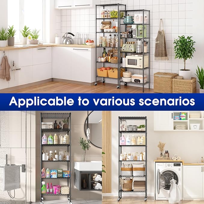 2 Pack Rolling 6-Tier Storage Shelves with Wheels, Heavy Duty Wire Shelving Rack Capacity 750 lbs, 14" D x 24" W x 71" H Adjustable Metal Shelving for Garage, Closet, Kitchen