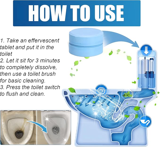 Toilet Bowl Cleaner Tablets 12-Pack, Automatic Cleaners with Bleach for Deodorizing and Descaling, Effective Against Tough Stains (White)