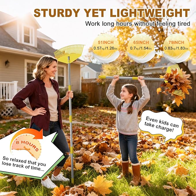 Leaf Rake - 17" Wide Nylon Plastic Head,51" Adjustable Stainless Steel Handle,Heavy Duty Gardening Leaves Rake Tools for Garden Lawns,Yard,Shrub,Grass - Lightweight for Women,Seniors & Kids
