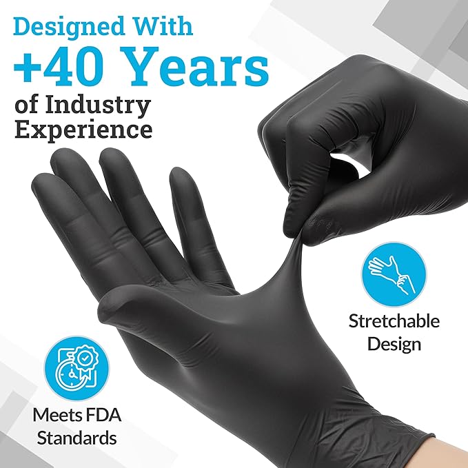 Hand-E Touch Black Nitrile Disposable Gloves Medium, 50 Count - BBQ, Tattoo, Hair Dye, Cooking, Mechanic Gloves - Powder and Latex Free