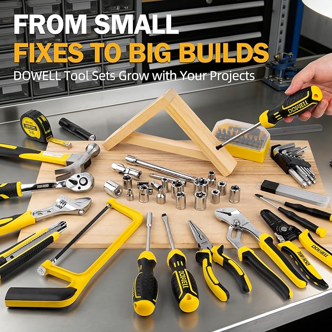 DOWELL 219-Piece Home Tool Set with 3.6V Electric Screwdriver, General Household Tool Kit in Drawer Toolbox for DIY, Furniture Assembly & Repair (Screwdriver, Hex Keys, Wrench, Hammer Included)