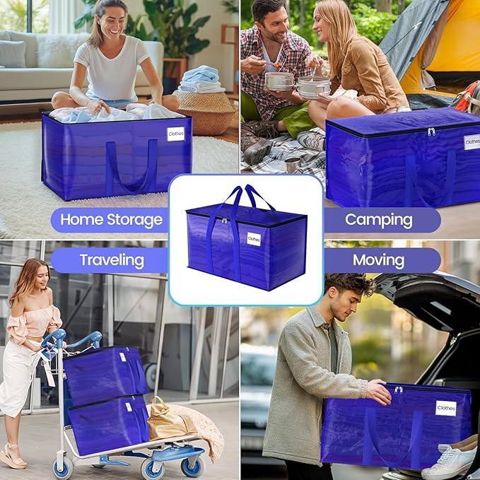 FabSpace 10Pack Moving Storage Bags, Moving Supplies Packing Boxes for Moving, Camping, College Dorm Room Essentials for Girls, Blue Tote Bags, 76L Heavy-Duty Storage Bins With Lids And Zippers