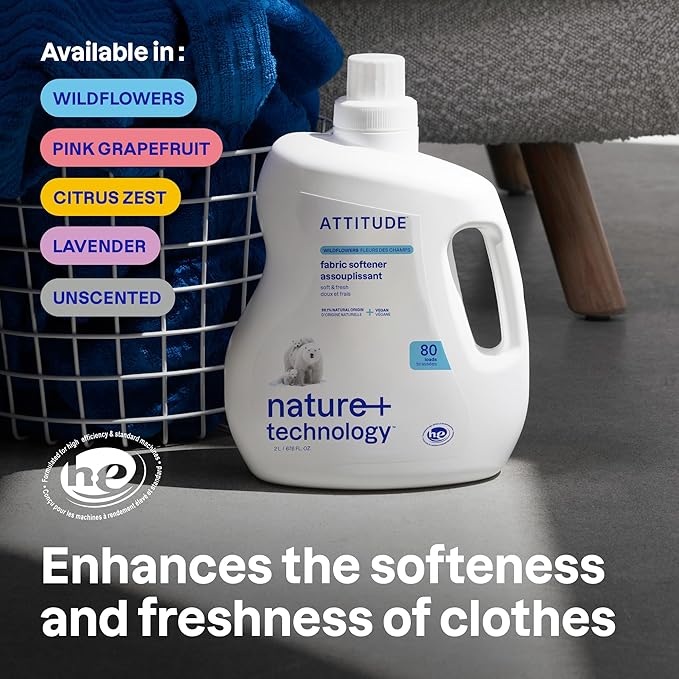 ATTITUDE Liquid Fabric Softener, Plant-Based & Vegan, HE Compatible, Naturally Derived, Citrus Zest Scent, 80 Loads, 67.6 Fl Oz