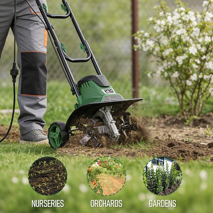 Prostormer Electric Tiller 14-Inch, 10-Amp Corded Cultivator with 14-Inch Tilling Width, Foldable Garden Rototiller with Wheels for Weeding and Soil Cultivation