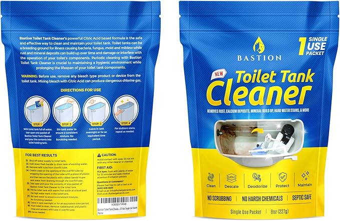 Bastion Toilet Tank Cleaner - 6-Uses. (*Not For Toilet Bowl*) Removes Rust, Mineral Deposits, Hard Water Stains, & Calcium Build Up. Contains 6 X 8oz Single Use Packets
