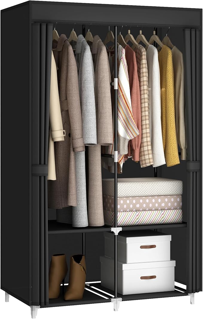 MOGELAFOO Portable Closet Wardrobe for Small Room, 35-Inch Clothing Organizer Storage Rack with 2 Clothes Hanging Rods and 4 Shelves, Non-Woven Fabric Cover, Black