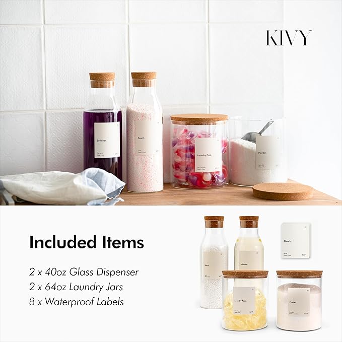 KIVY Glass Detergent Dispenser Container Set of 4 [INCL Labels] Large Glass jars for Laundry Room Organization Decor - Laundry soap dispenser for liquid detergent dispenser - Fabric softener dispenser