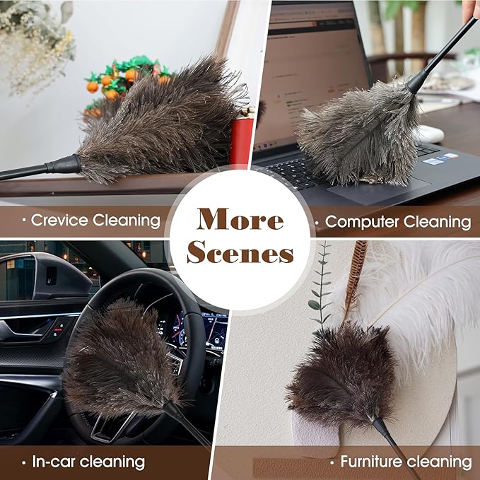 Natural Ostrich Feather Duster 14.9 inch Fluffy Mini Dusters with Plastic Handheld for Cleaning Car Keyboard Office 1 Pcs