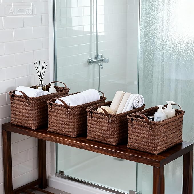 10pcs 15L Laundry Baskets Waterproof Storage Basket For Shelves Large Laundry Hamper With Leather Handle -Cube Organizer Woven Bins for Bathroom,Bedroom,Pantry,Clothes,Car Towels-Brown