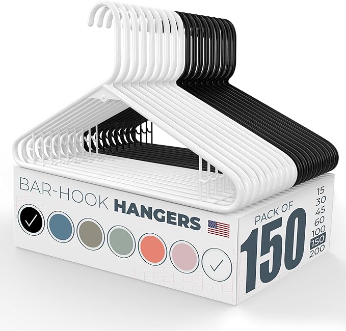 Neaties Plastic Hangers 100+ Pack (150 Count) – Made in the USA – 6lb Capacity Standard Clothes Hangers with Strap Hooks for Dresses, Lingerie, Shirts, Pants, and Jackets – White & Black