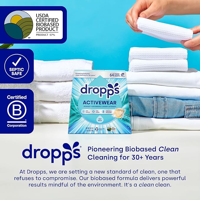 Dropps Activewear Laundry Detergent Pods, Crisp Breeze (64 Count) - Powerful Laundry Pods | Fights Sweat & Body Odors | For Synthetic Workout Clothes | Clean Ingredients | Plastic Free Packaging
