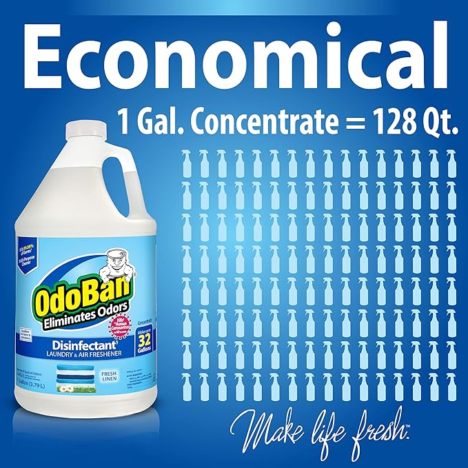 OdoBan Ready-to-Use Disinfectant and Odor Eliminator, Made in the USA, Fresh Linen Scent, Set of 3, 2 Spray Bottles, 32 Ounces Each and 1 Gallon Concentrate