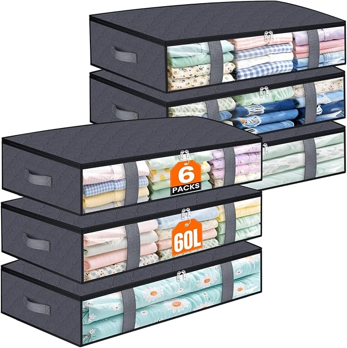 TasticTotes Under Bed Storage Containers, 6 Pack Blanket Storage Bags, Collapsible Storage Bags with Big Zippers, Clear Front, Shoe Storage and Organization for Clothes, Comforter, 60L, Grey