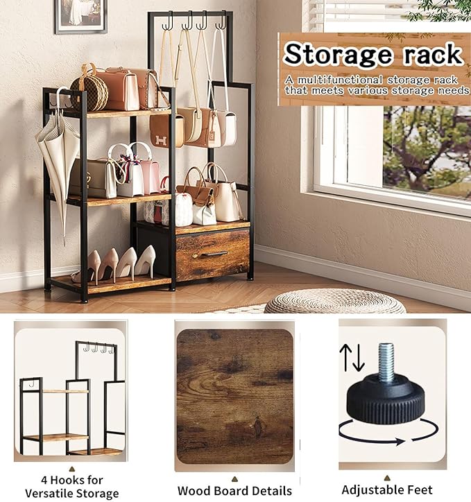 Industrial 4-Tier Storage Shelf with Drawer & Hanging Hooks - Metal & Wood Entryway Organizer Rack for Bedroom, Living Room - Freestanding Clothing Coat Rack with Multi-Level Shelves (Brown)