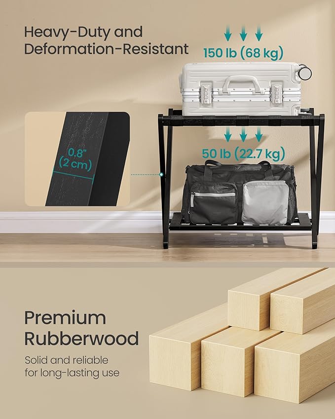 SONGMICS Solid Wood Luggage Rack, No Assembly Required, Foldable Suitcase Stand, Luggage Holder, with Storage Shelf, for Guest Room, Hotel, Bedroom, Ink Black URLR020B02