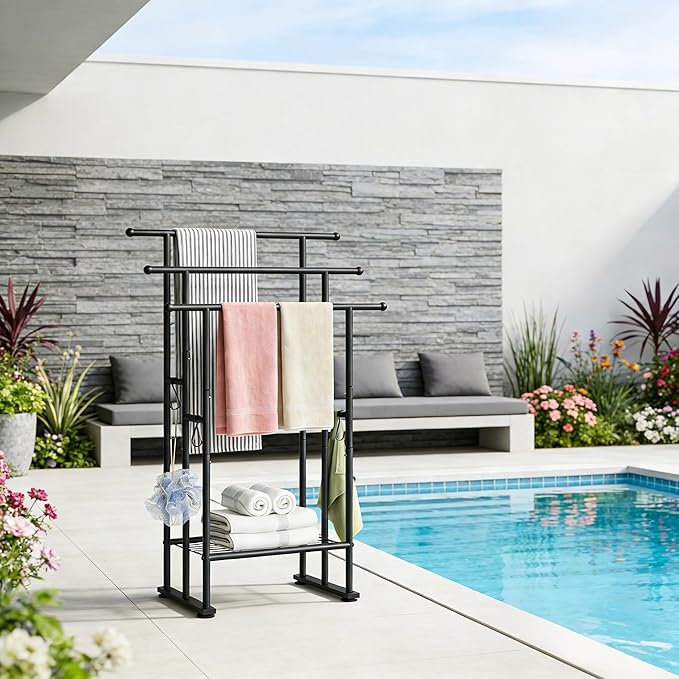 ELYKEN 3 Tier Standing Towel Rack, 40'' Tall Towel Drying Rack Outdoor, Freestanding Floor Towel Rack with Shelf, Pool Towel Blanket Stand, Metal Towel Racks for Bathroom freestanding, Matte Black