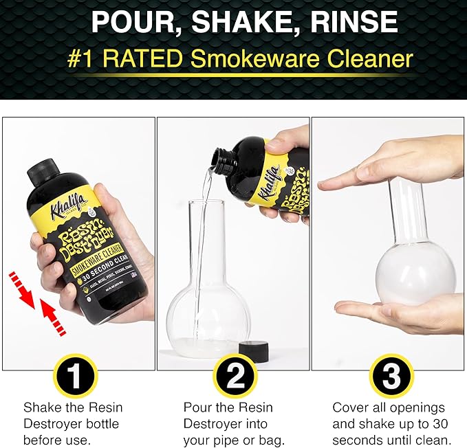 Khalifa Resin Destroyer Cleaning Solution One 16 Fl Oz Bottle - Clean & Deodorize Glass, Ceramic, Silicone & Metal - Restore Your Pieces to Perfection - Destroy Resin, Wax, Oil & Stinky Debris
