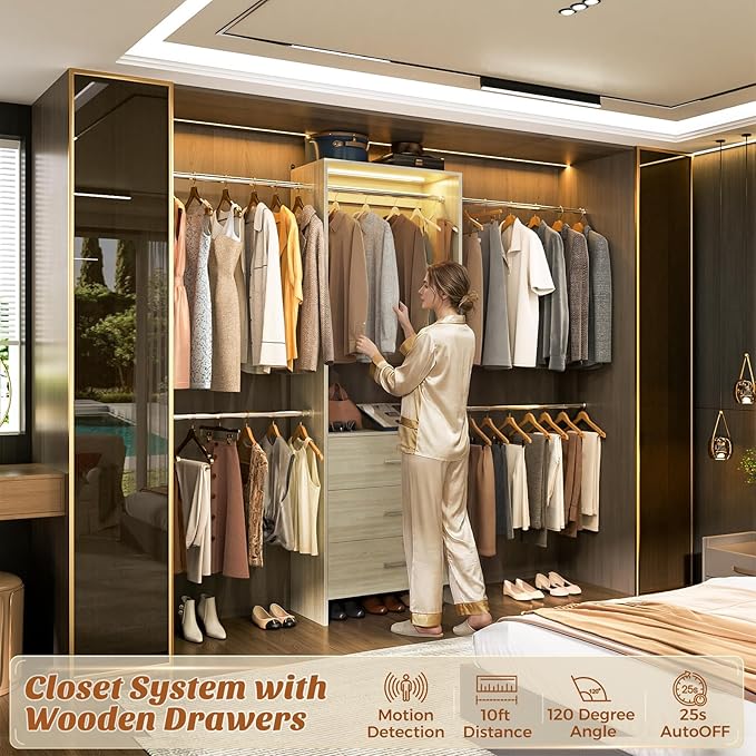 Aheaplus Closet System with Motion-Sensing Light, 3 Wooden Drawers and 4 Hanging Rods, Customizable Walk-in Closet Organizer with 3CCT LED, Heavy Duty Garment Rack for Bedroom, White Oak