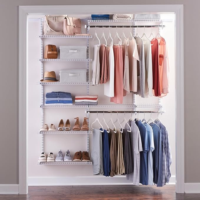 Rubbermaid Configurations Deluxe Custom Closet Kit 3-6 Ft. Adjustable Metal Wire Shelving White Finish Expandable Organization System Hardware Included for Home Closet/Pantry/Laundry/Mudroom
