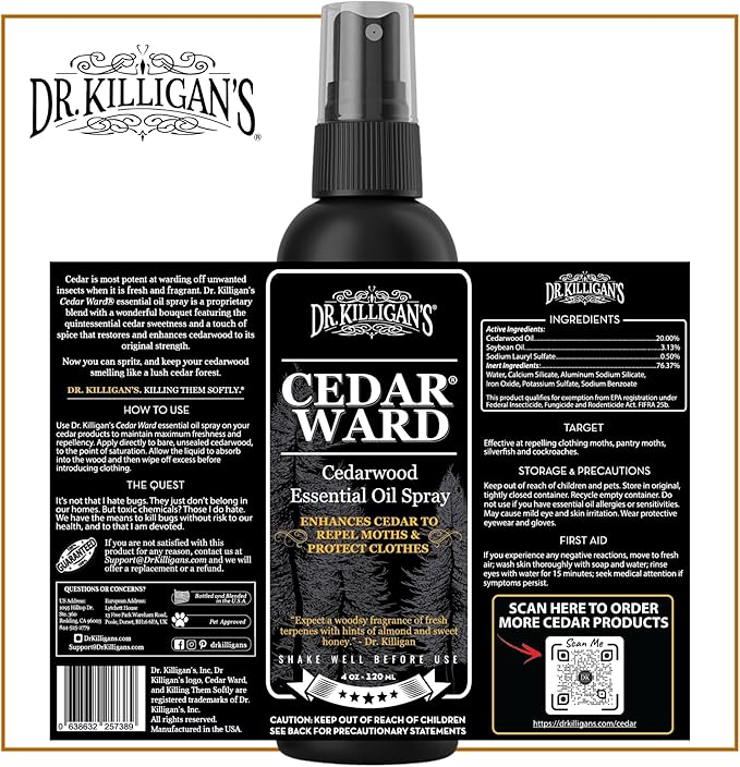 Dr. Killigan’s CedarWard Spray - 4 fl. oz. - Natural Cedar Oil Formula Restores Scent to Cedarwood Accessories, Closets, Drawers, Trunks, Chests, Pest and Moth Repellent for Clothes
