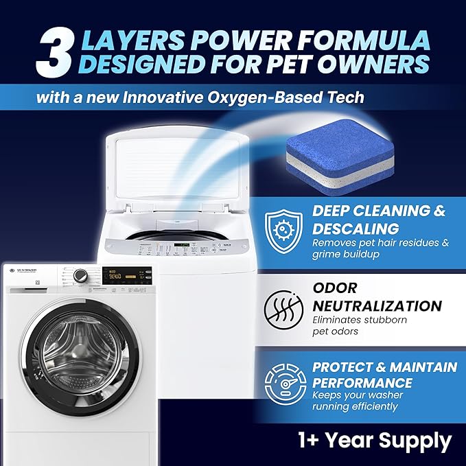 Washing Machine Cleaner Tablets for Pet Owners 28 Pack & Dishwasher Cleaner Deodorizer Descaler Tablets 28 Pack Bundle - 1 Plus Year Supply - Septic Safe Eco Friendly Formula