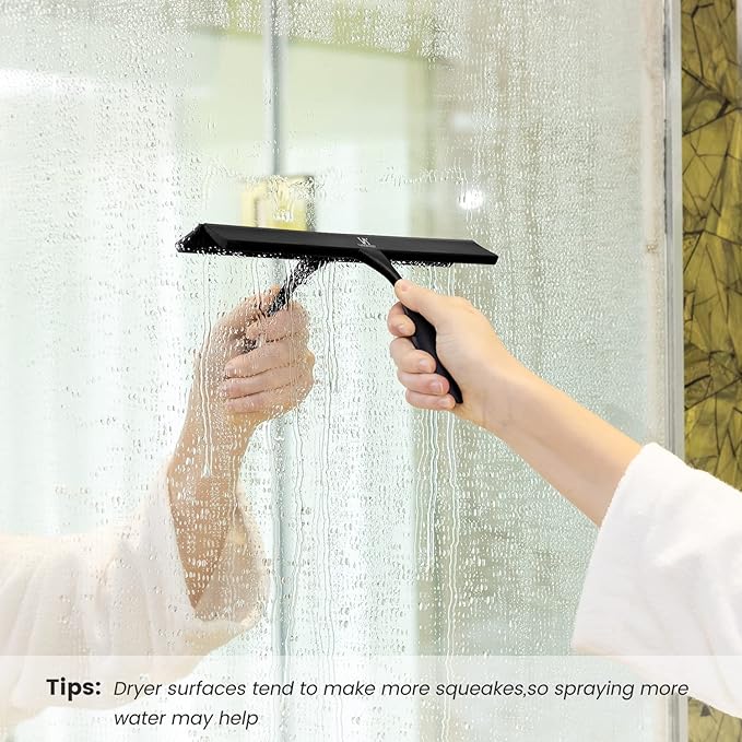 Squeegee for Shower Glass Door, 11-Inch Shower Squeegee for Glass Doors, Bathroom Silicone Squeegees Wiper for Shower with Non-Slip Handle, No-Drilling Silicone Hanging Hook, for Tiles, Mirror(Black)