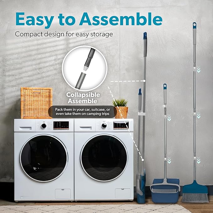 BLACK+DECKER Butler Broom & Dustpan Set - Stand-Up Design - Lightweight, Space-Saving Combo for Kitchen, Living Room, Bathroom, Lobby Floors - Home Cleaning Essential, Ocean Blue