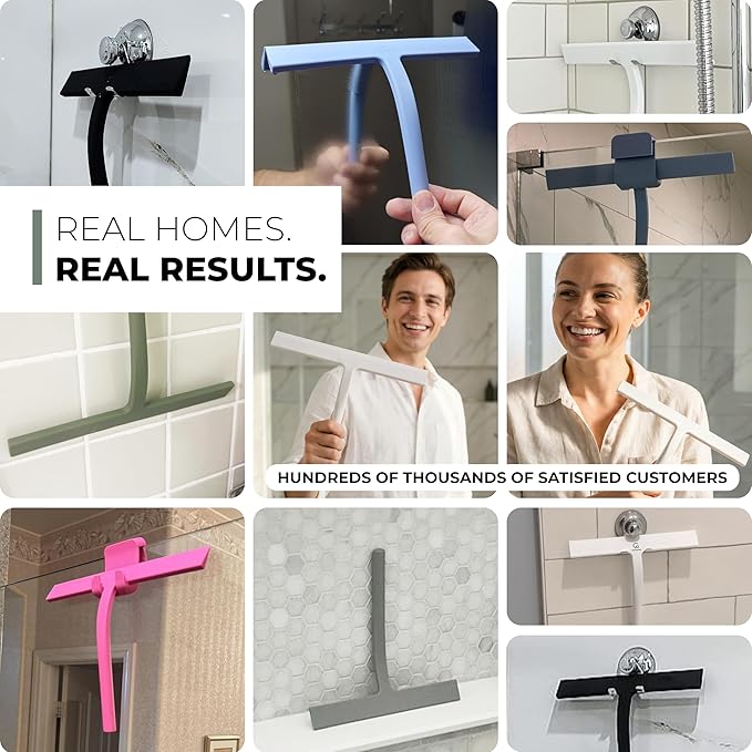 GÜTEWERK Silicone Shower Squeegee for Glass Doors & Mirrors with Stainless Steel Core, Streak-Free & No-Squeak Window Cleaning, 3-in-1 No-Drill Mount (Hook/Suction/Adhesive),Gray, 11 Inches
