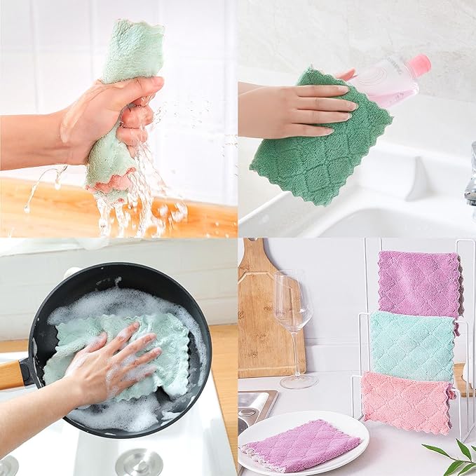 Reusable Microfiber Kitchen Cleaning Cloths – Super Absorbent, Quick-Drying Dish Towels for Kitchen Car Furniture Bowl Tea. 10.6" x 6.3" Coral Velvet Dishcloths Lint-Free Machine Washable 20 Pack Rags