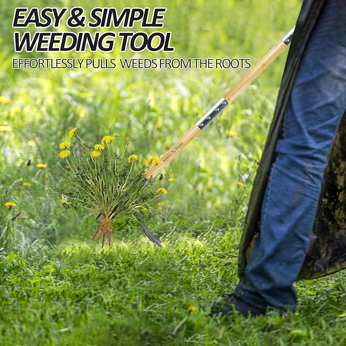 Weeder - Stand Up Weed Puller Tool Made with Long Handle - Real Bamboo & 4-Claw Steel Head, Weeding Tool Weed Remove Tool for Lawn/Yard