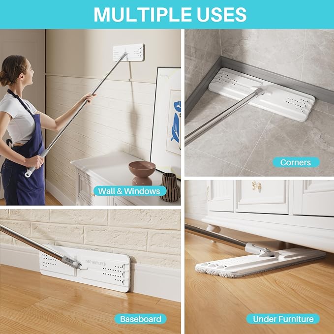 JOYMOOP 8L Large Capacity Flat Mop System with Extension Handle, Ideal for Floor, Window, and Wall Cleaning - Includes 5 Washable Microfiber Pads for Wet and Dry Use